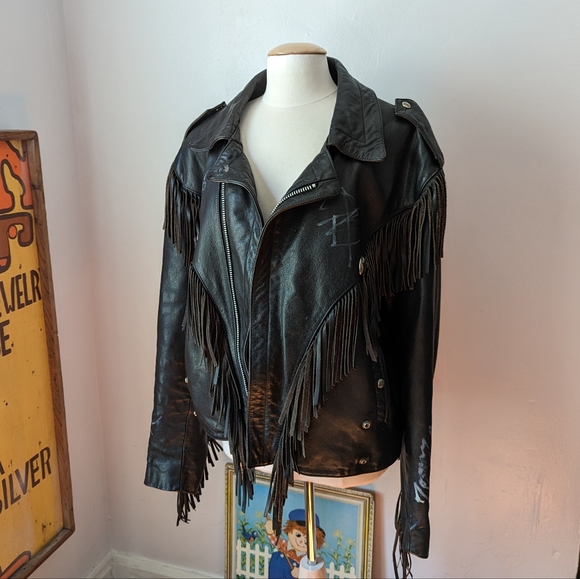 Vintage Fringe Black Leather Jacket with Heavy Metal Musician Autographs - Picture 2 of 13